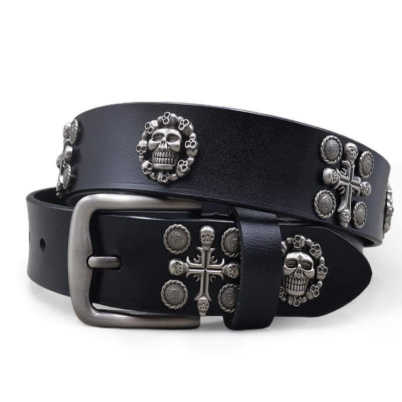Ceinture en cuir cloutée avec motif tête de mort et croix et rivets métalliques