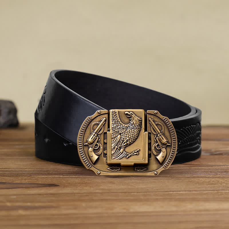 Ceinture en cuir pour homme avec pistolets en bronze et briquet caché
