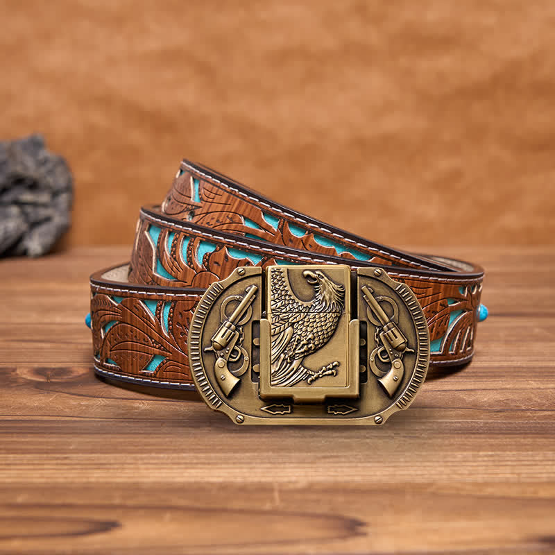 Ceinture en cuir pour homme avec pistolets en bronze et briquet caché
