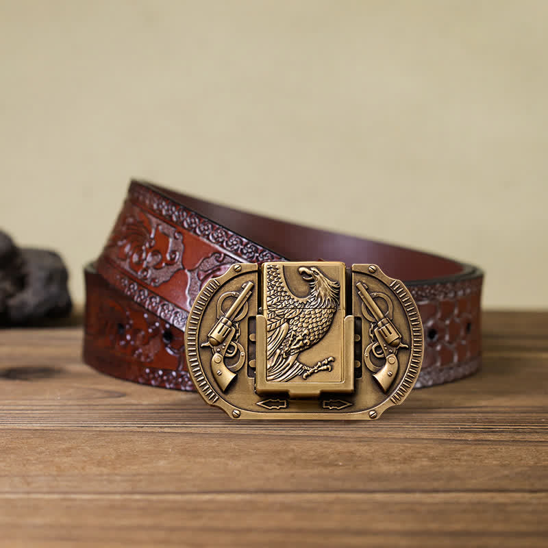 Ceinture en cuir pour homme avec pistolets en bronze et briquet caché