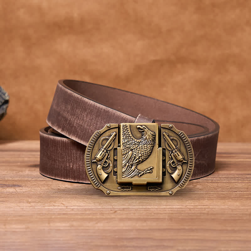 Ceinture en cuir pour homme avec pistolets en bronze et briquet caché