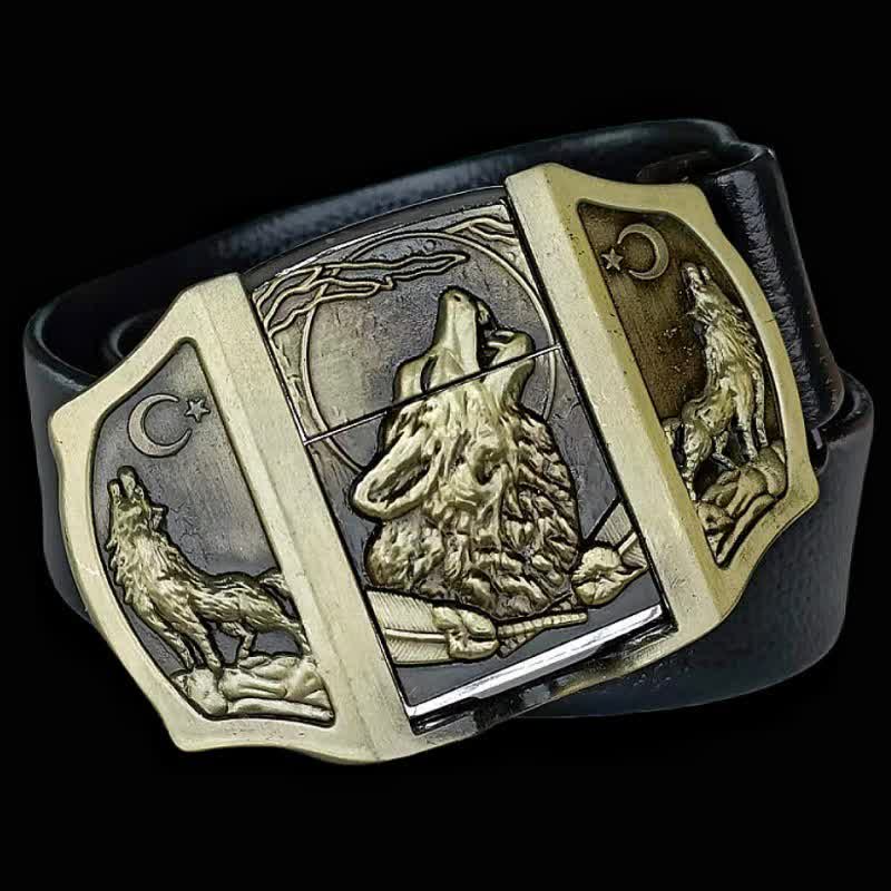 Ceinture en cuir noir pour homme avec motif loup hurlant et briquet caché