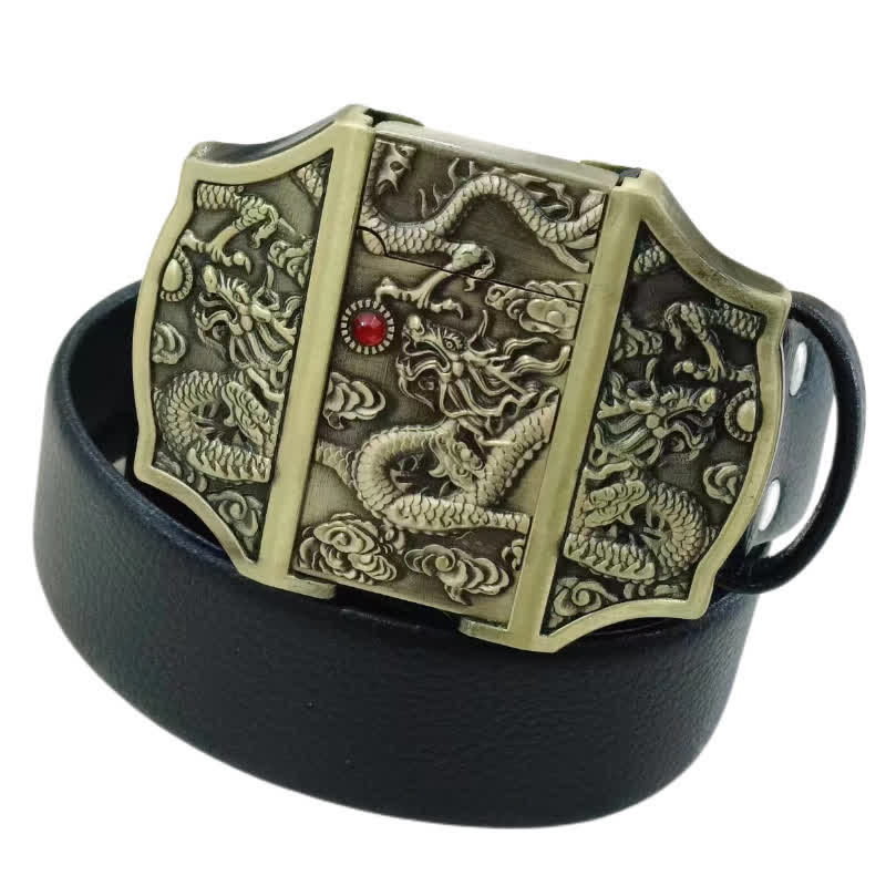Ceinture en cuir à relief Triple Dragons pour homme avec briquet caché