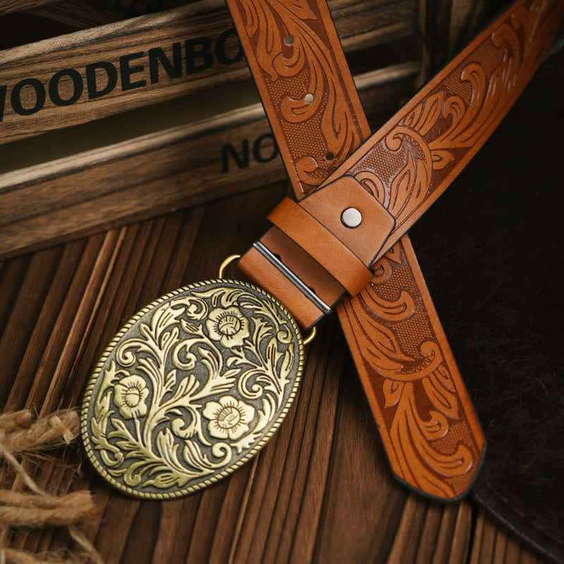 Ceinture en cuir avec boucle en forme de fleur sculptée de style western pour robe de cow-boy