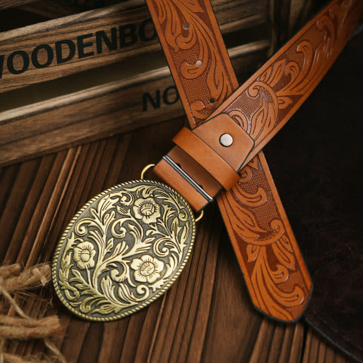 Ceinture en cuir avec boucle en forme de fleur sculptée de style western pour robe de cow-boy
