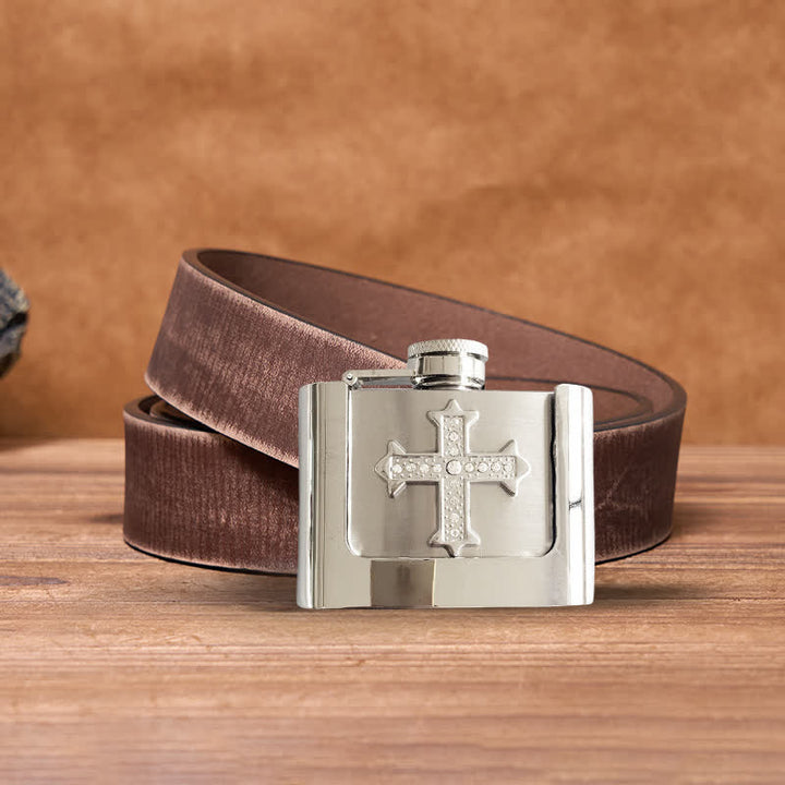 Ceinture en cuir à strass pour homme avec flasque cachée, 2 oz