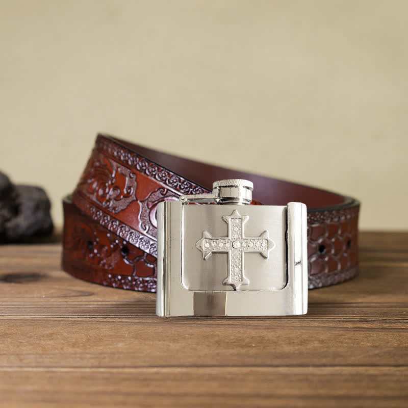 Ceinture en cuir à strass pour homme avec flasque cachée, 2 oz
