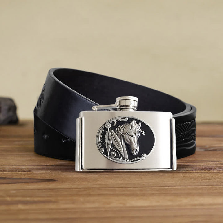 Ceinture en cuir à tête de cheval pour homme de 3 oz avec flasque cachée