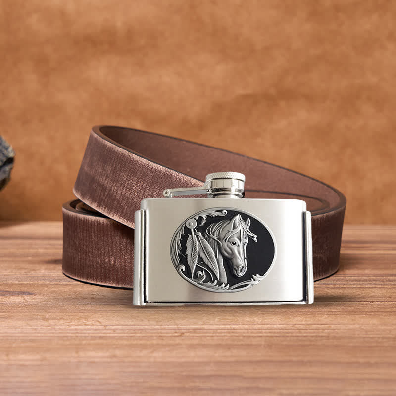 Ceinture en cuir à tête de cheval pour homme de 3 oz avec flasque cachée