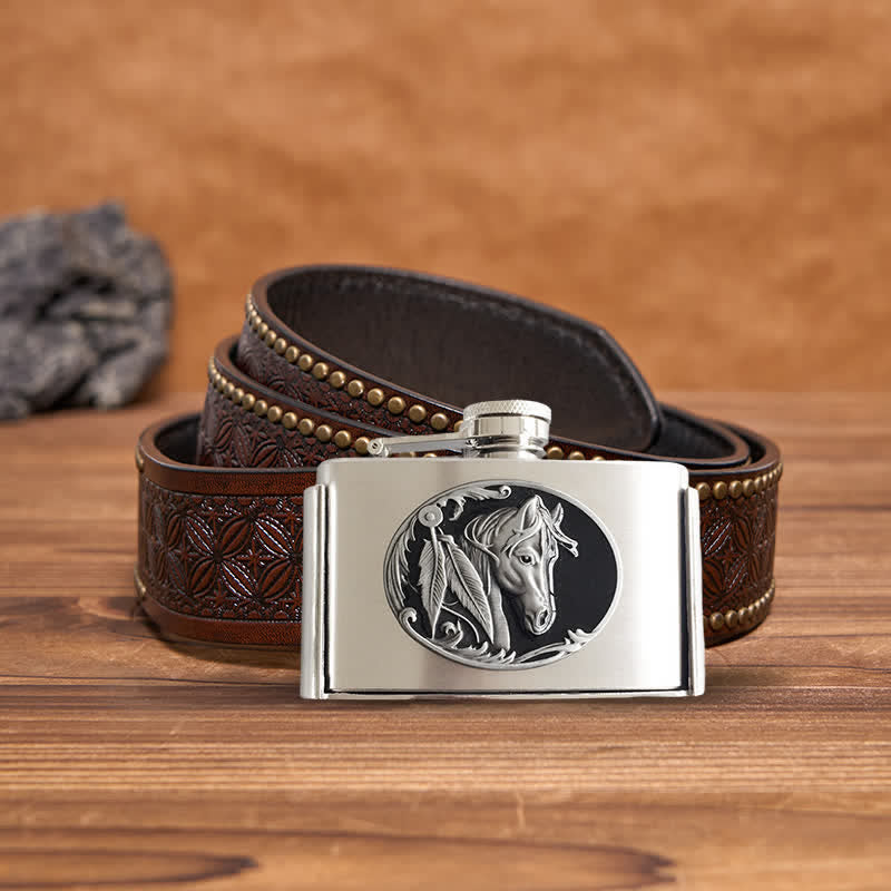 Ceinture en cuir à tête de cheval pour homme de 3 oz avec flasque cachée