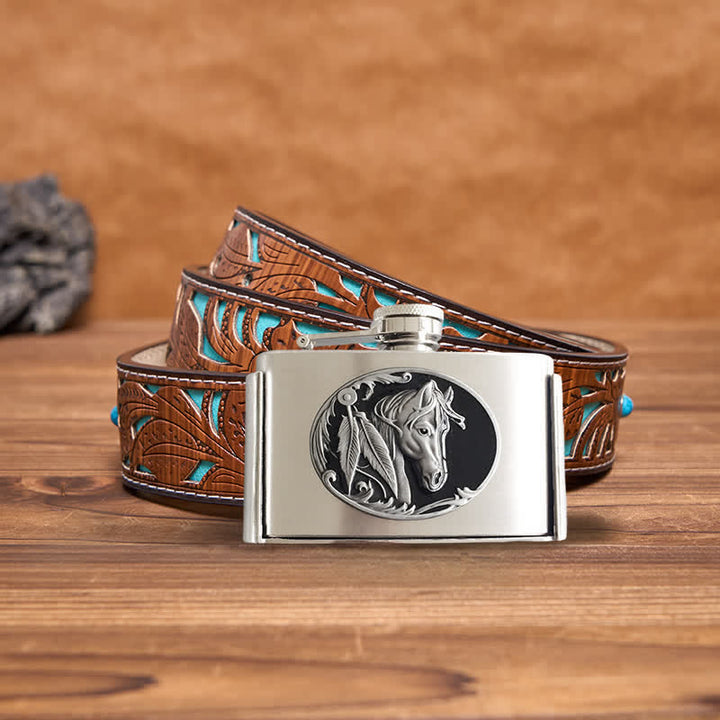 Ceinture en cuir à tête de cheval pour homme de 3 oz avec flasque cachée