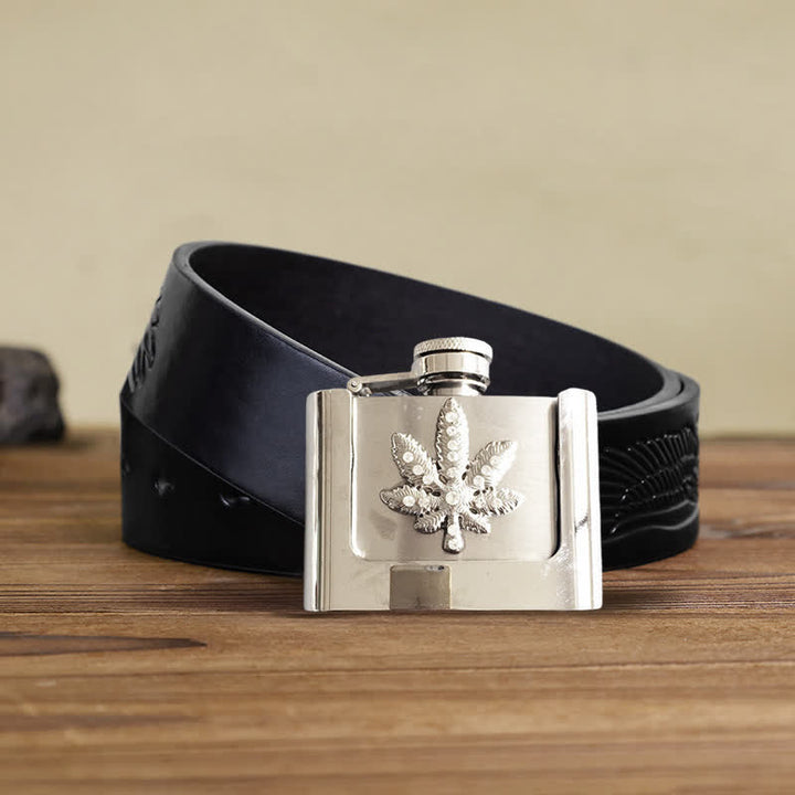 Ceinture en cuir à strass pour homme avec feuille d'érable et flasque cachée, 2 oz
