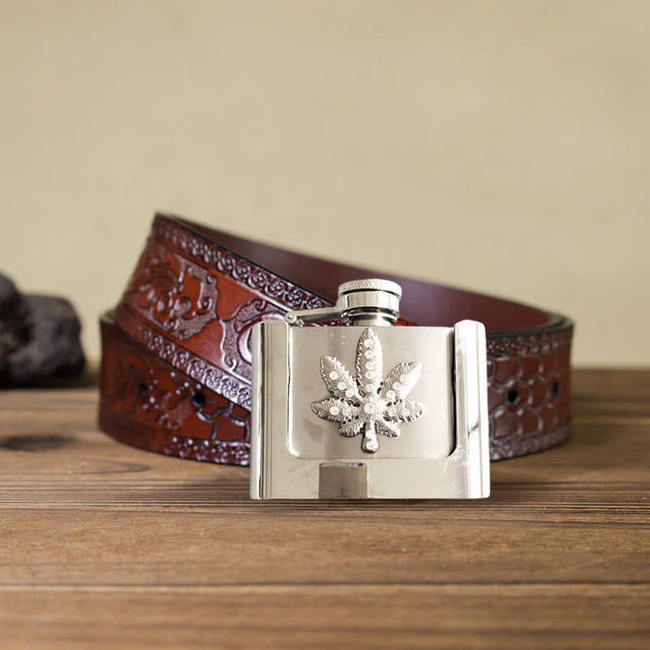 Ceinture en cuir à strass pour homme avec feuille d'érable et flasque cachée, 2 oz