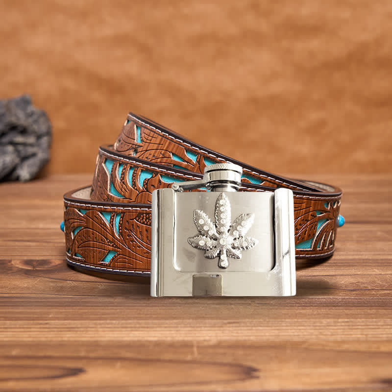 Ceinture en cuir à strass pour homme avec feuille d'érable et flasque cachée, 2 oz