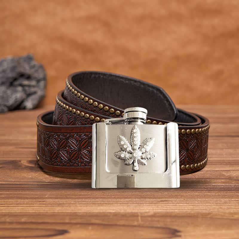Ceinture en cuir à strass pour homme avec feuille d'érable et flasque cachée, 2 oz