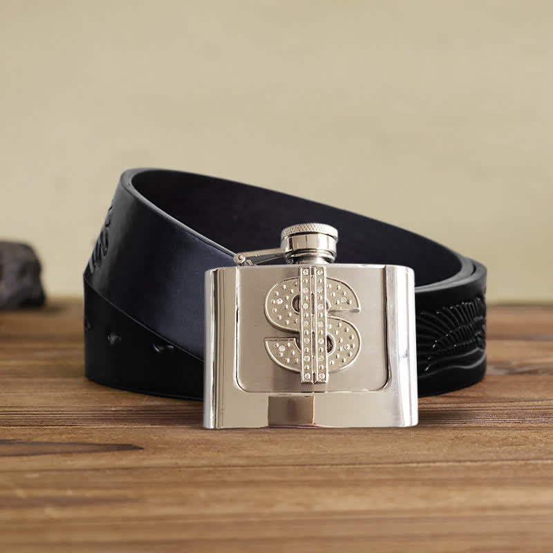 Ceinture en cuir à strass pour homme avec signe dollar et flasque cachée, 2 oz
