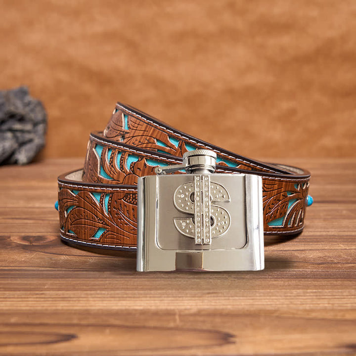 Ceinture en cuir à strass pour homme avec signe dollar et flasque cachée, 2 oz