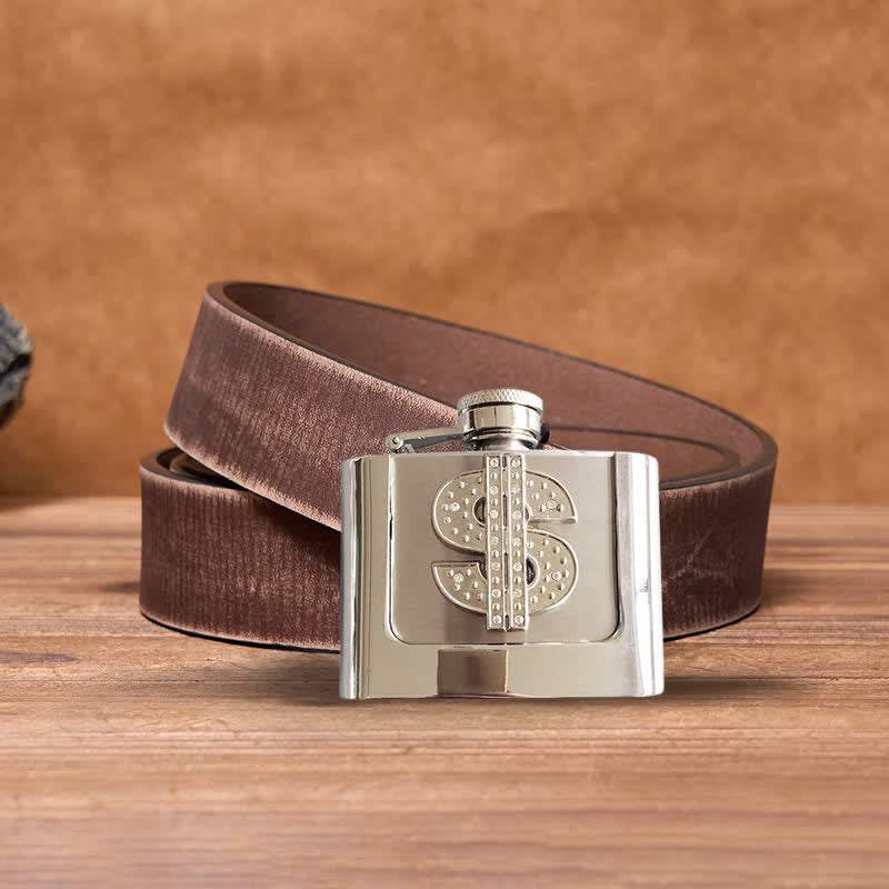 Ceinture en cuir à strass pour homme avec signe dollar et flasque cachée, 2 oz