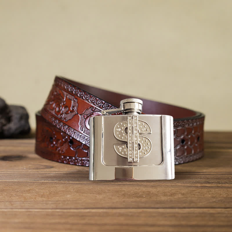 Ceinture en cuir à strass pour homme avec signe dollar et flasque cachée, 2 oz
