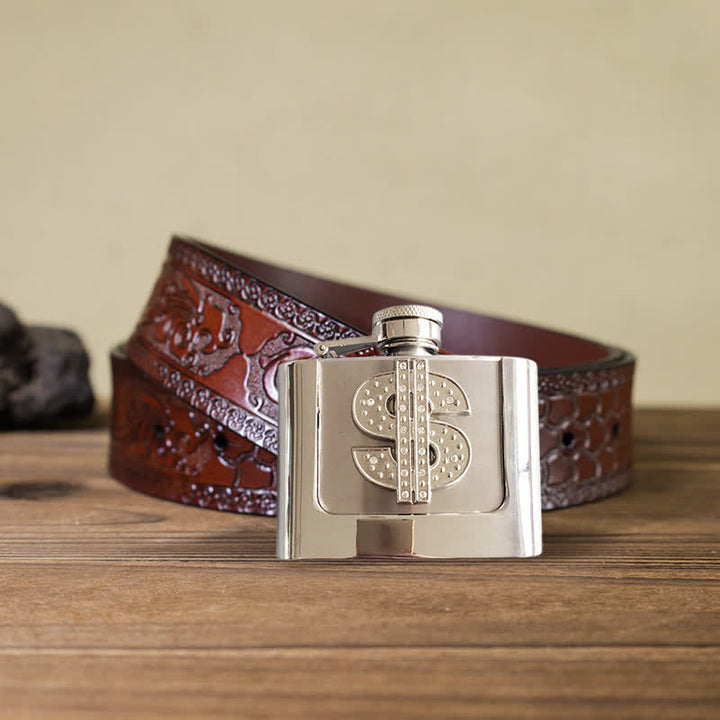 Ceinture en cuir à strass pour homme avec signe dollar et flasque cachée, 2 oz