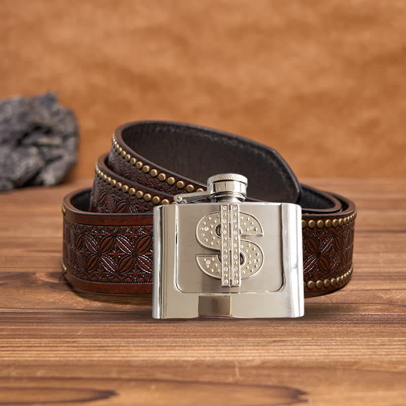 Ceinture en cuir à strass pour homme avec signe dollar et flasque cachée, 2 oz