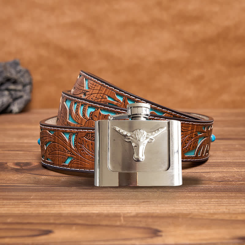 Ceinture en cuir à tête de taureau DIY pour homme de 2 oz avec flasque cachée