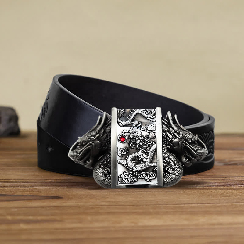 Ceinture en cuir à double dragon argenté antique pour homme avec briquet caché