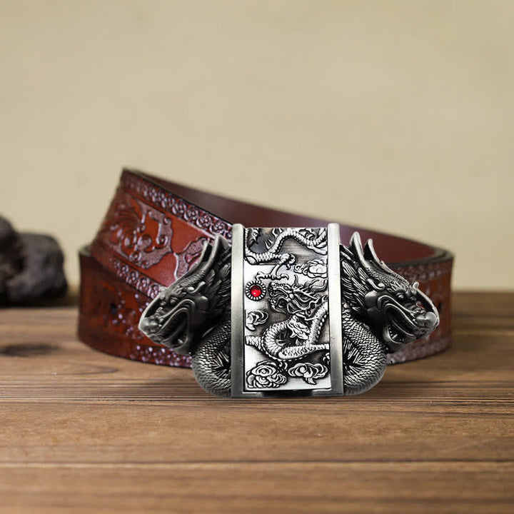 Ceinture en cuir à double dragon argenté antique pour homme avec briquet caché