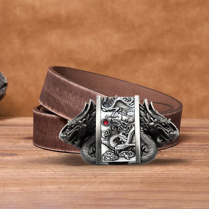 Ceinture en cuir à double dragon argenté antique pour homme avec briquet caché