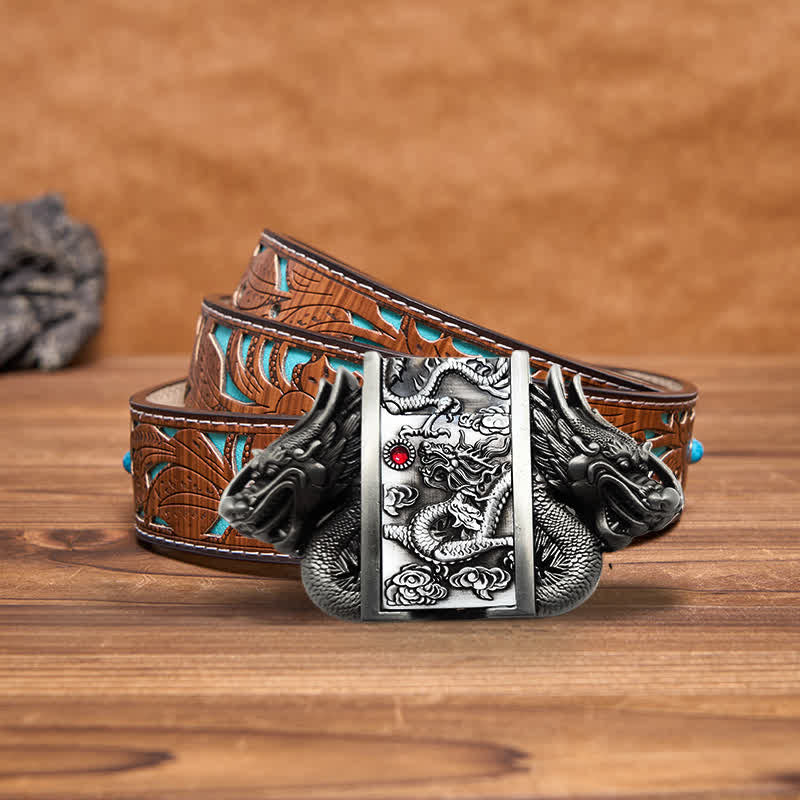 Ceinture en cuir à double dragon argenté antique pour homme avec briquet caché