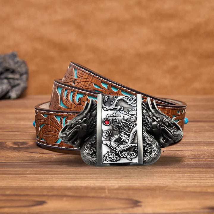 Ceinture en cuir à double dragon argenté antique pour homme avec briquet caché