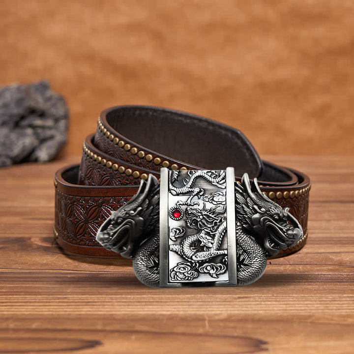 Ceinture en cuir à double dragon argenté antique pour homme avec briquet caché