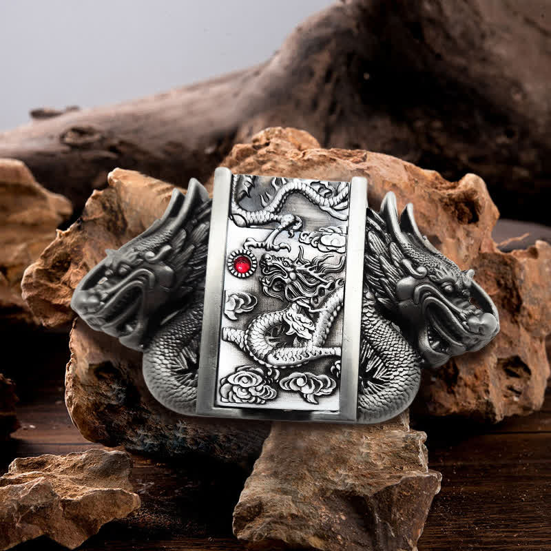 Ceinture en cuir à double dragon argenté antique pour homme avec briquet caché