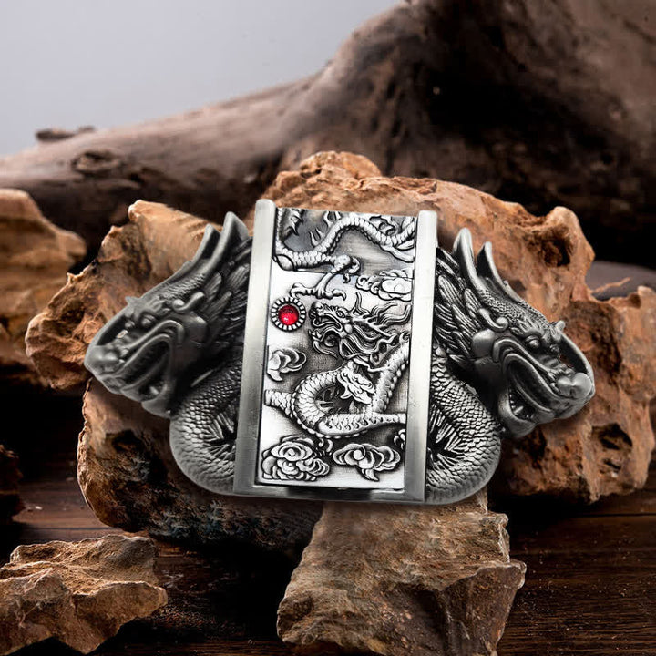 Ceinture en cuir à double dragon argenté antique pour homme avec briquet caché