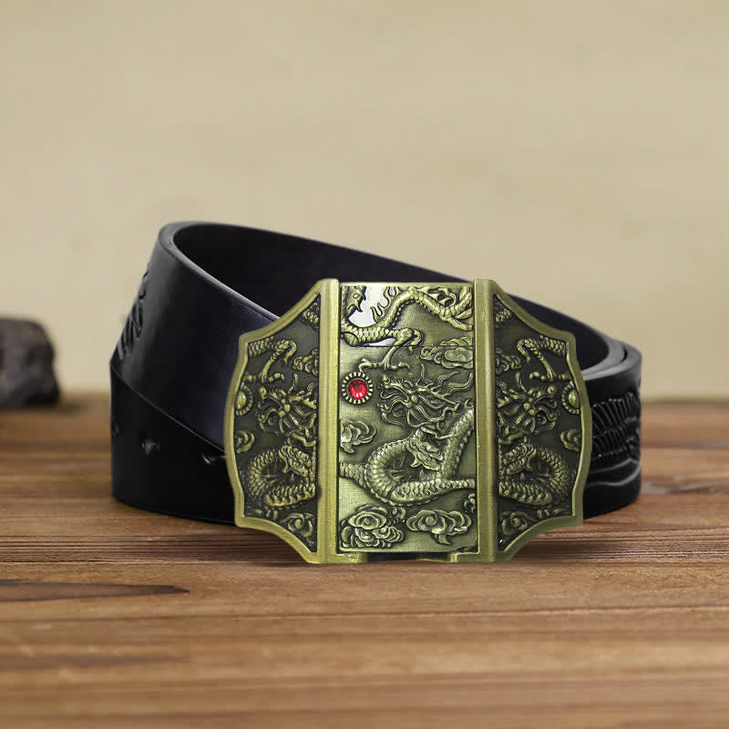 Ceinture en cuir pour homme avec dragon en bronze et briquet caché