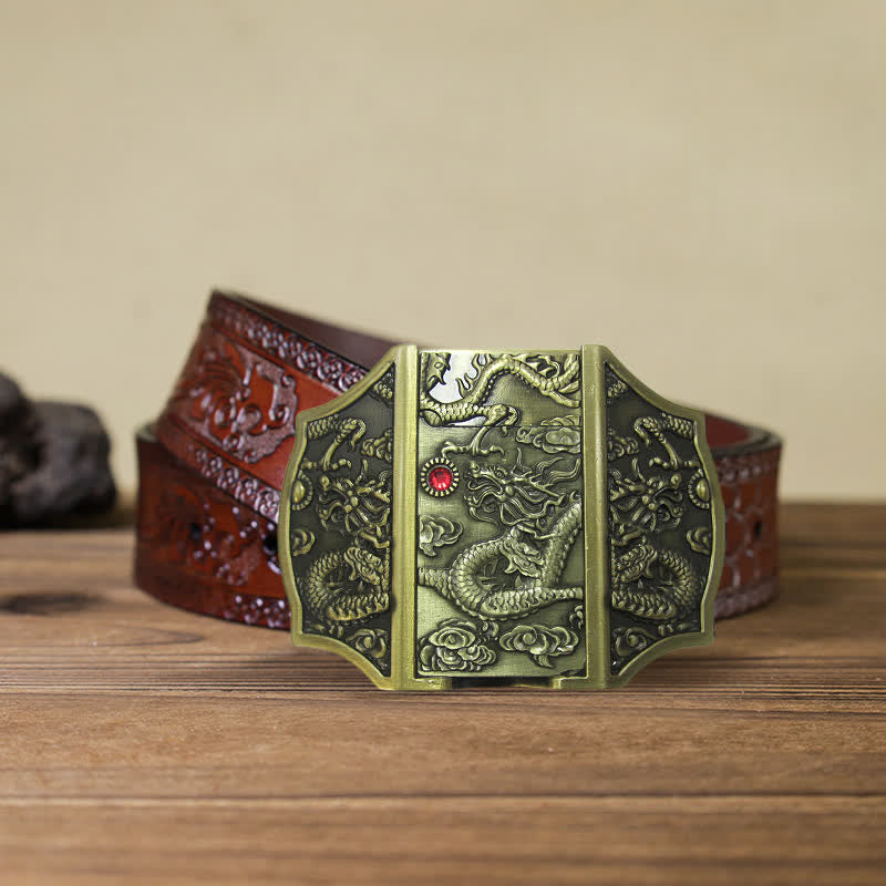 Ceinture en cuir pour homme avec dragon en bronze et briquet caché