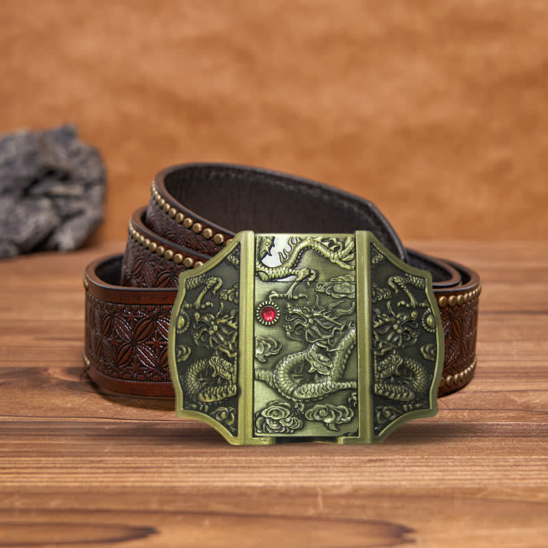 Ceinture en cuir pour homme avec dragon en bronze et briquet caché