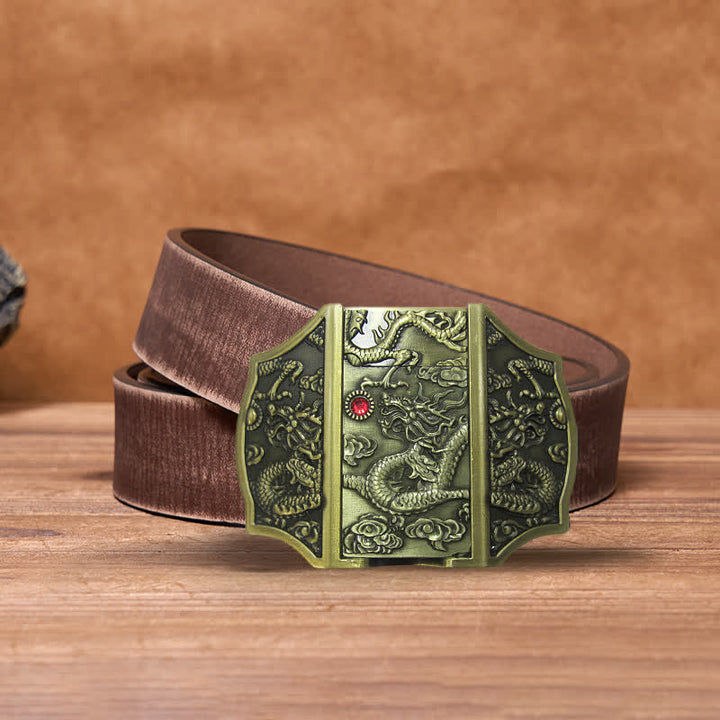 Ceinture en cuir pour homme avec dragon en bronze et briquet caché