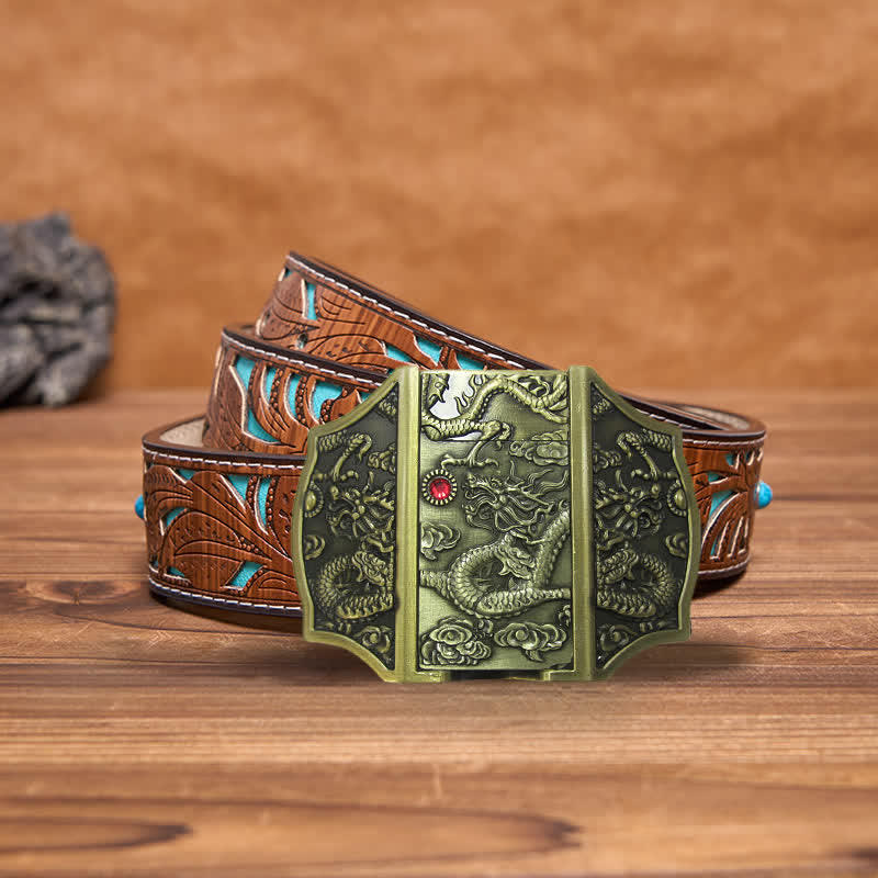 Ceinture en cuir pour homme avec dragon en bronze et briquet caché