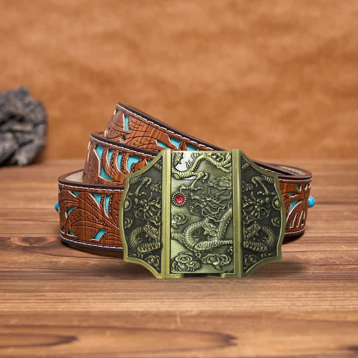 Ceinture en cuir pour homme avec dragon en bronze et briquet caché