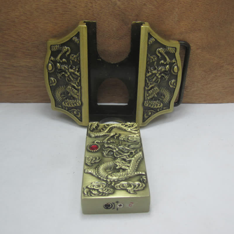 Ceinture en cuir pour homme avec dragon en bronze et briquet caché