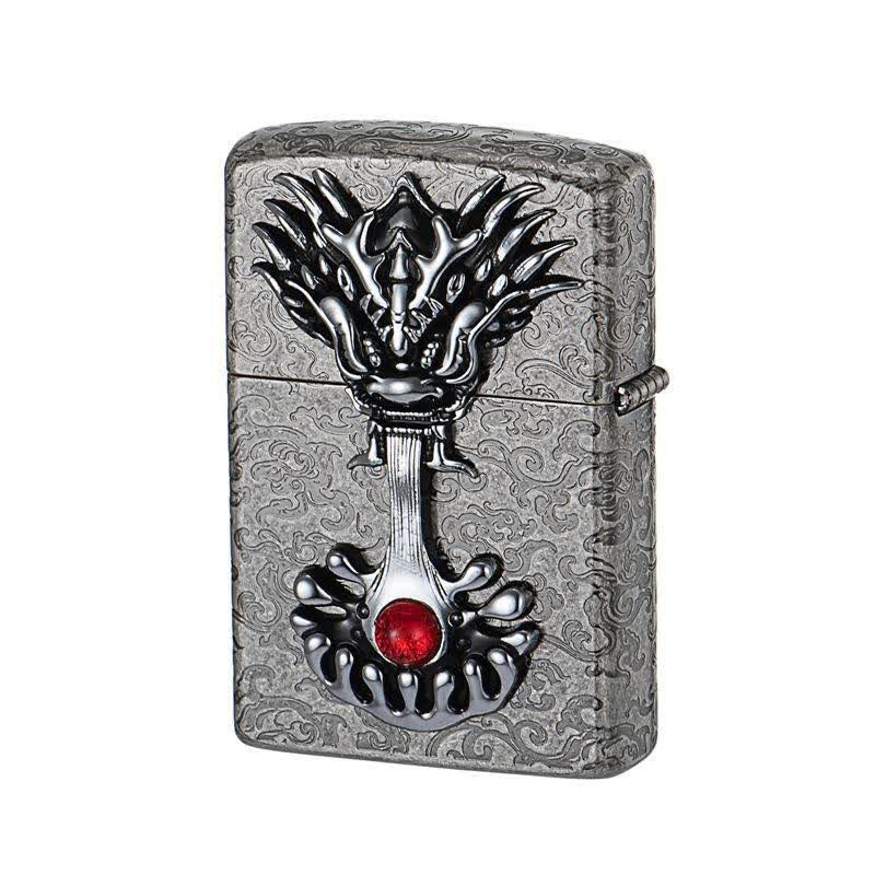 Briquet à kérosène rechargeable rétro en forme de dragon gravé