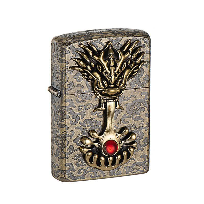 Briquet à kérosène rechargeable rétro en forme de dragon gravé