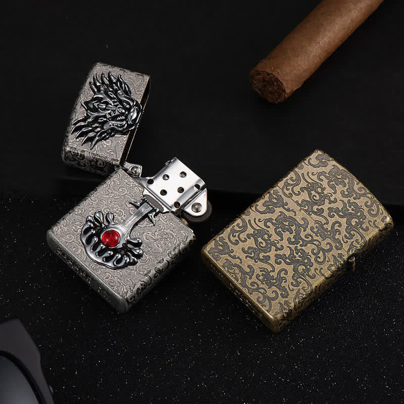 Briquet à kérosène rechargeable rétro en forme de dragon gravé