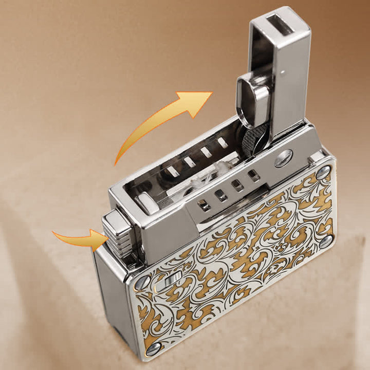 Briquet à kérosène rechargeable avec verrouillage de sécurité et allumage escamotable sculpté