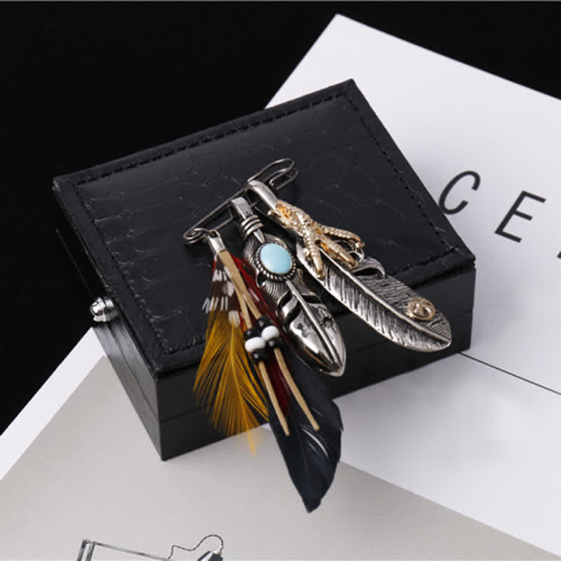 Broche ethnique indienne bohème unisexe en plumes
