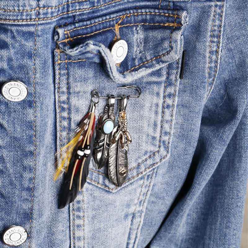 Broche ethnique indienne bohème unisexe en plumes