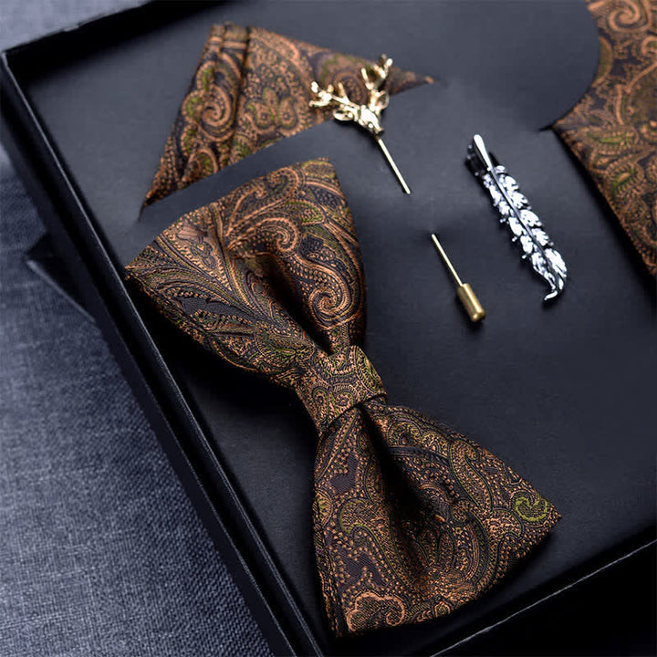 Coffret cadeau de 5 nœuds papillons à motif cachemire marron foncé et noir pour homme