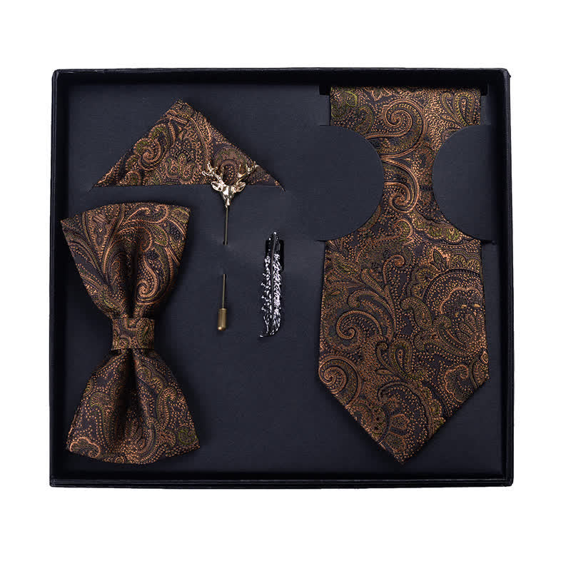 Coffret cadeau de 5 nœuds papillons à motif cachemire marron foncé et noir pour homme
