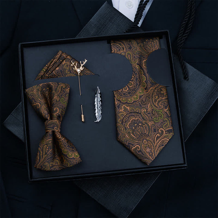 Coffret cadeau de 5 nœuds papillons à motif cachemire marron foncé et noir pour homme